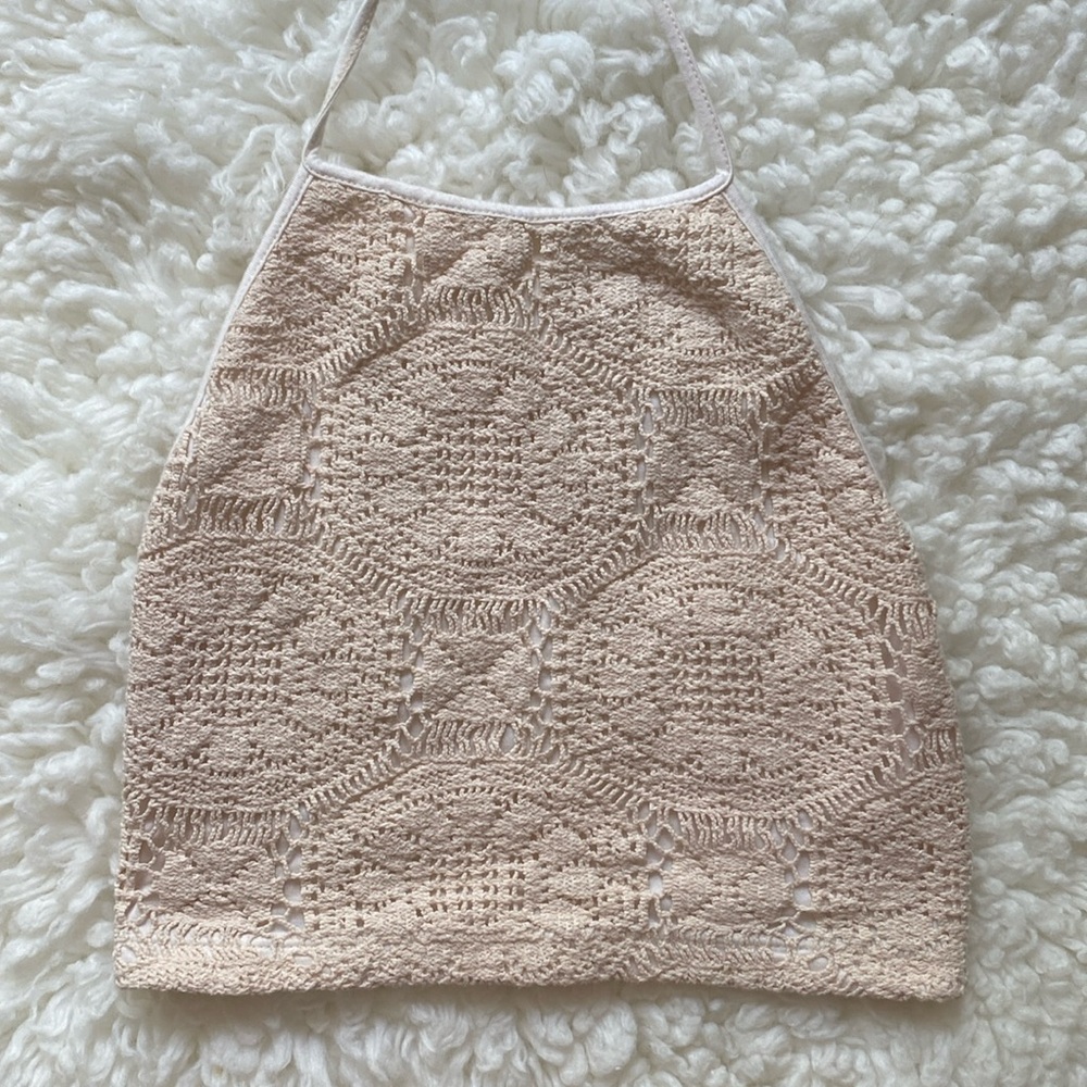 Brandy Melville Embroidered Halter Top Elastic Back Tie String At Top Size Small